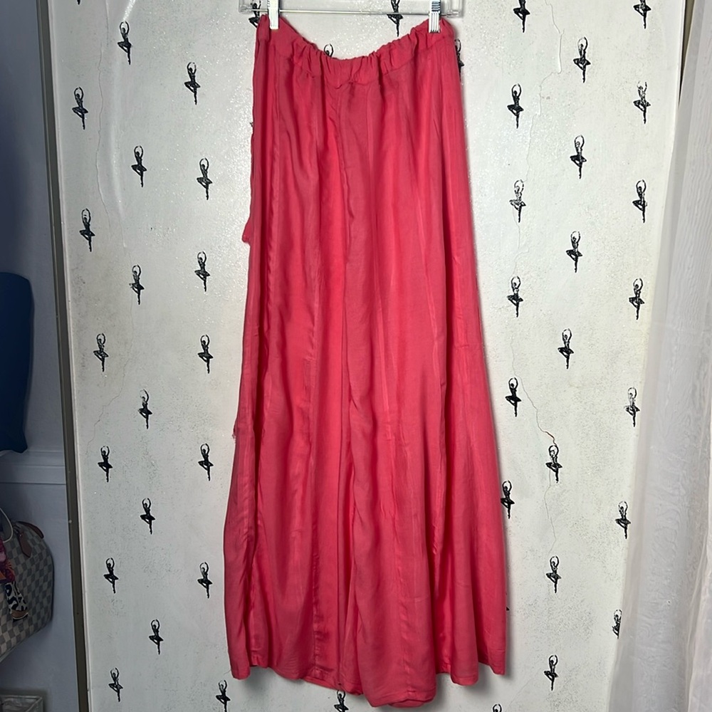 Wide leg pants pink high rise adjustable waist palazzo lightweight full length - Picture 3 of 13